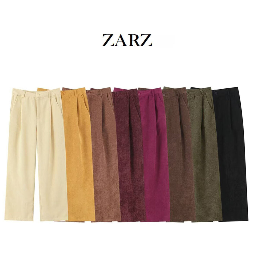 Women High-Waisted Cord Pants with Wide Leg and Pleats Mune Fashion