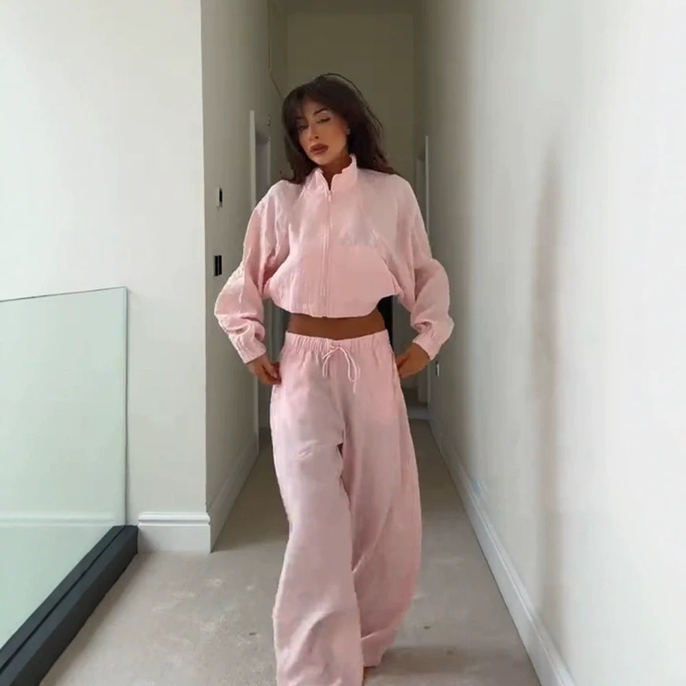 Women’s Casual Satin Tracksuit with Short Zipper Top & Wide Drawstring Pants Mune Fashion