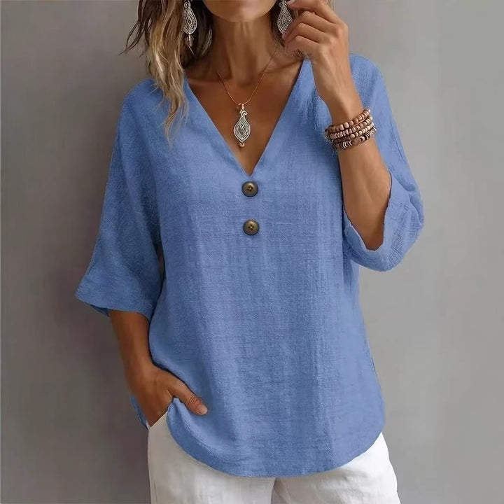 Women's Casual V-Neck Top with Button Details Mune Fashion