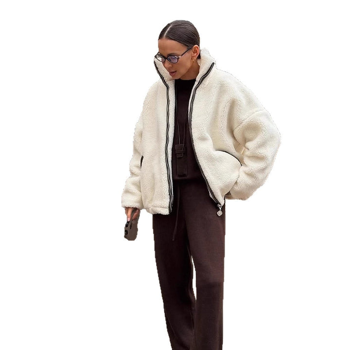 Women's teddy fleece oversized jacket with high stand-up collar, contrasting zip placket and insert pockets