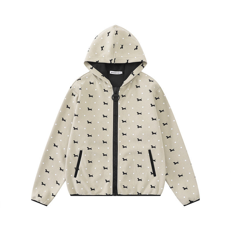 Women Lightweight Hooded Zip Jacket with Dog Silhouette and Polka Dot Allover Mune Fashion