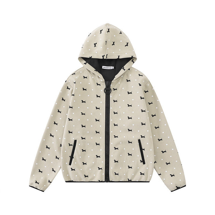 Women Lightweight Hooded Zip Jacket with Dog Silhouette and Polka Dot Allover Mune Fashion