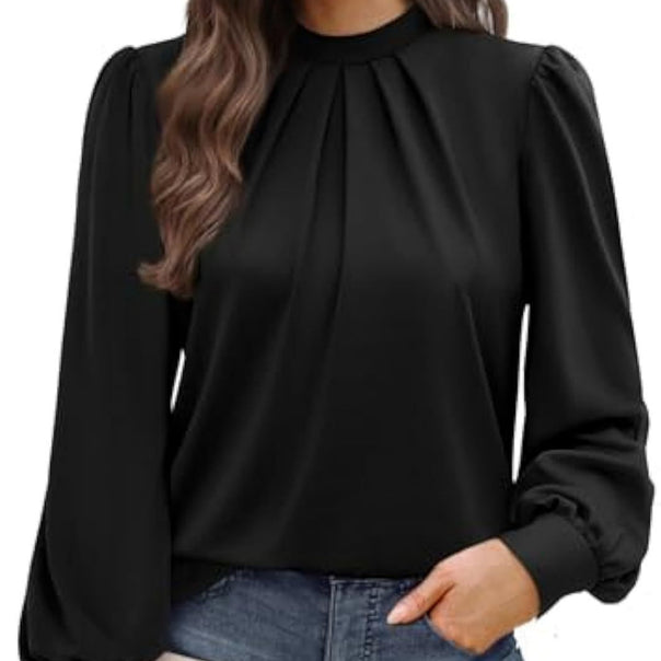 Women's Long Sleeve Satin Blouse with Stand-up Collar, Chest Pleats and Ribbed Cuffs