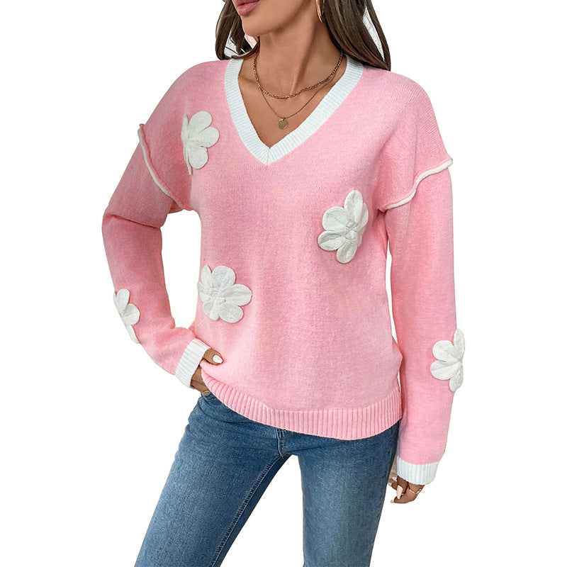 Women's V-Neck Fine Knit Sweater with Three-Dimensional Flower Appliqués Mune Fashion