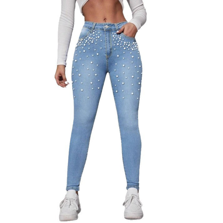 Ladies High-Waist Skinny Jeans with decorative pearl cluster and sculpting cut Mune Fashion