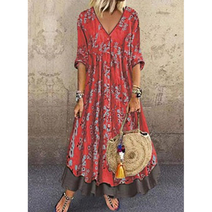Women’s maxi dress in boho style with V-neck, continuous button placket and tiered skirt Mune Fashion