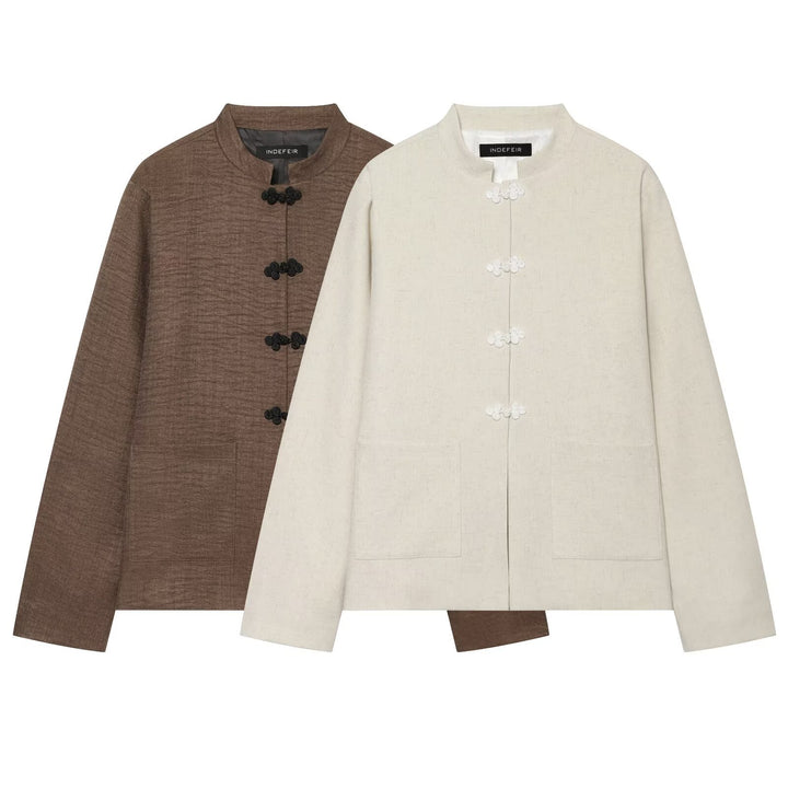 Women Boxy-Cropped Linen Jacket with Stand-Up Collar and Frog Closures Drune
