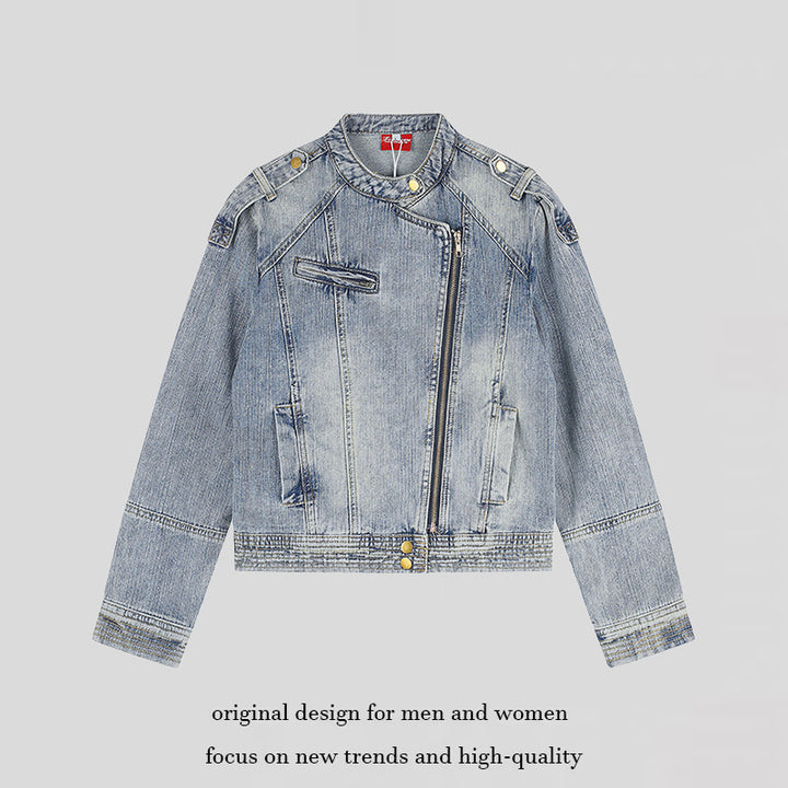 Women's asymmetrical biker-style denim jacket with stand-up collar and diagonal zipper Mune Fashion