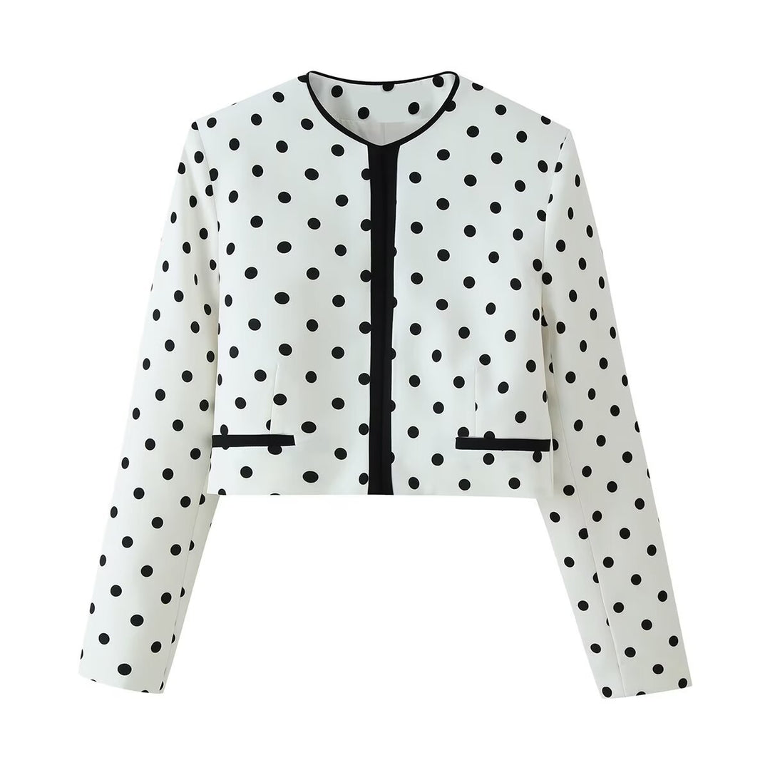 Women's short blazer in polka dot design with round neckline, short cut and contrast piping Mune Fashion