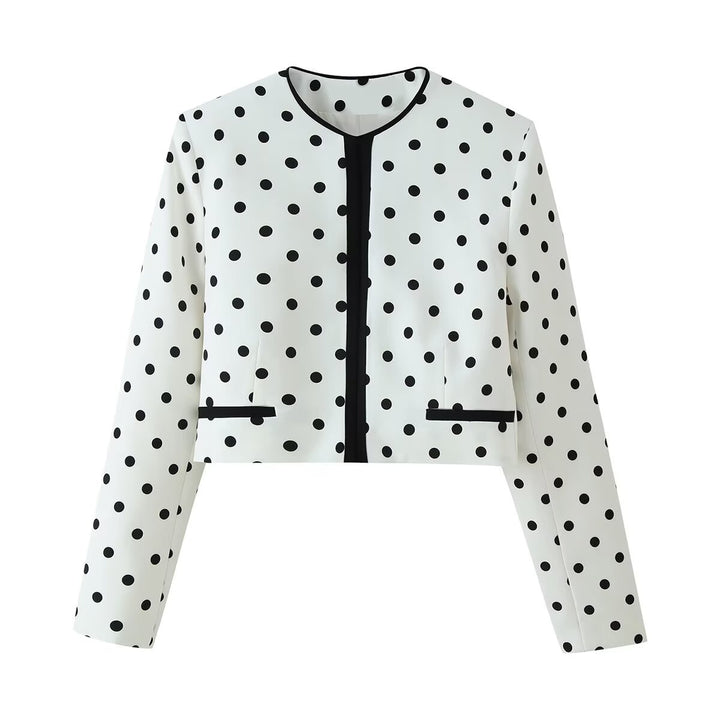 Women's short blazer in polka dot design with round neckline, short cut and contrast piping Mune Fashion
