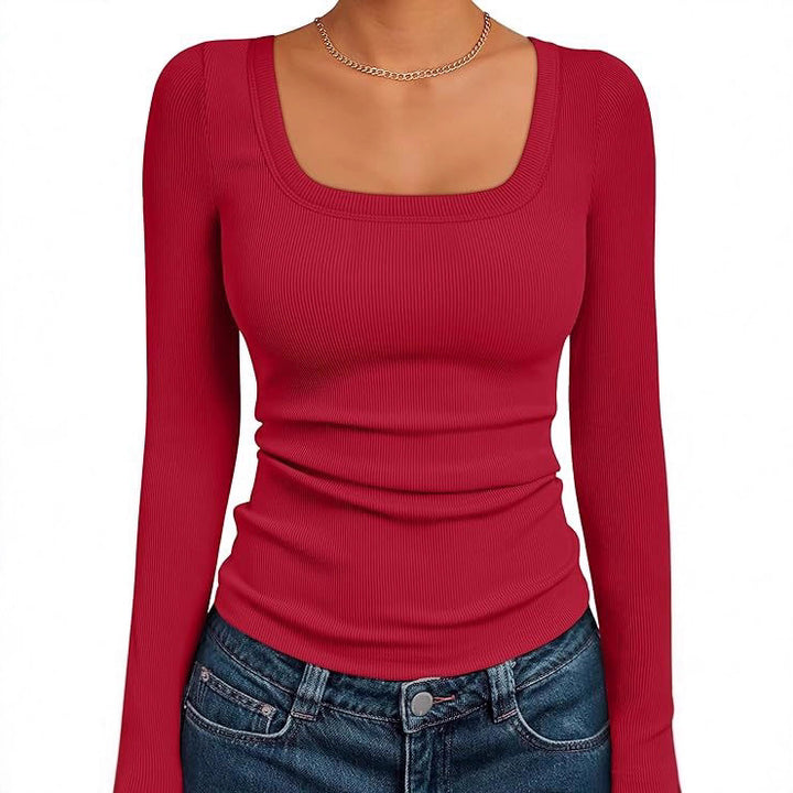Women's Fitted Ribbed Long Sleeve Shirt with Wide Square Neckline and Stretch Cotton Blend Mune Fashion