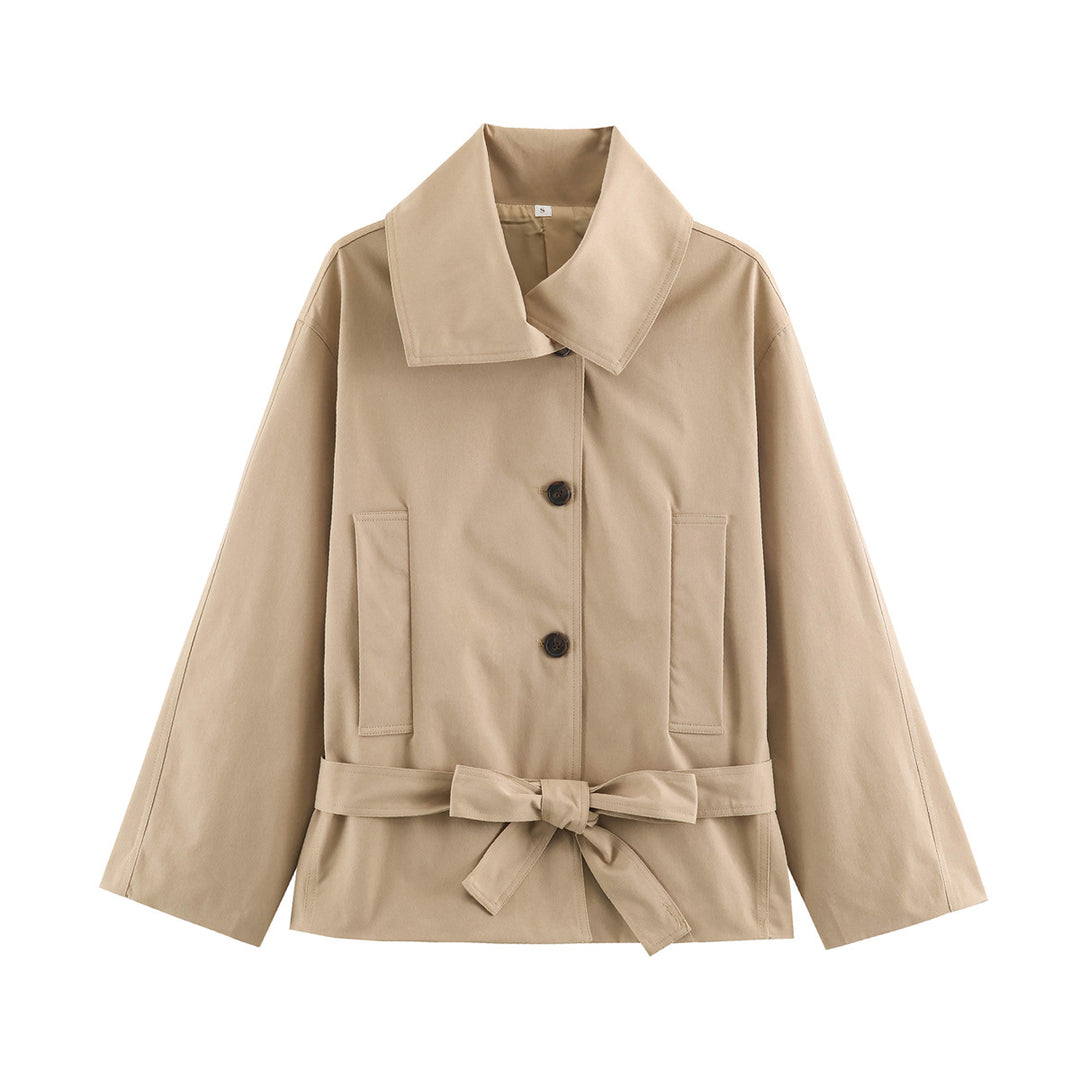 Women's Cropped Tailored Transition Jacket with Tie Belt and Oversized Shirt Collar Mune Fashion