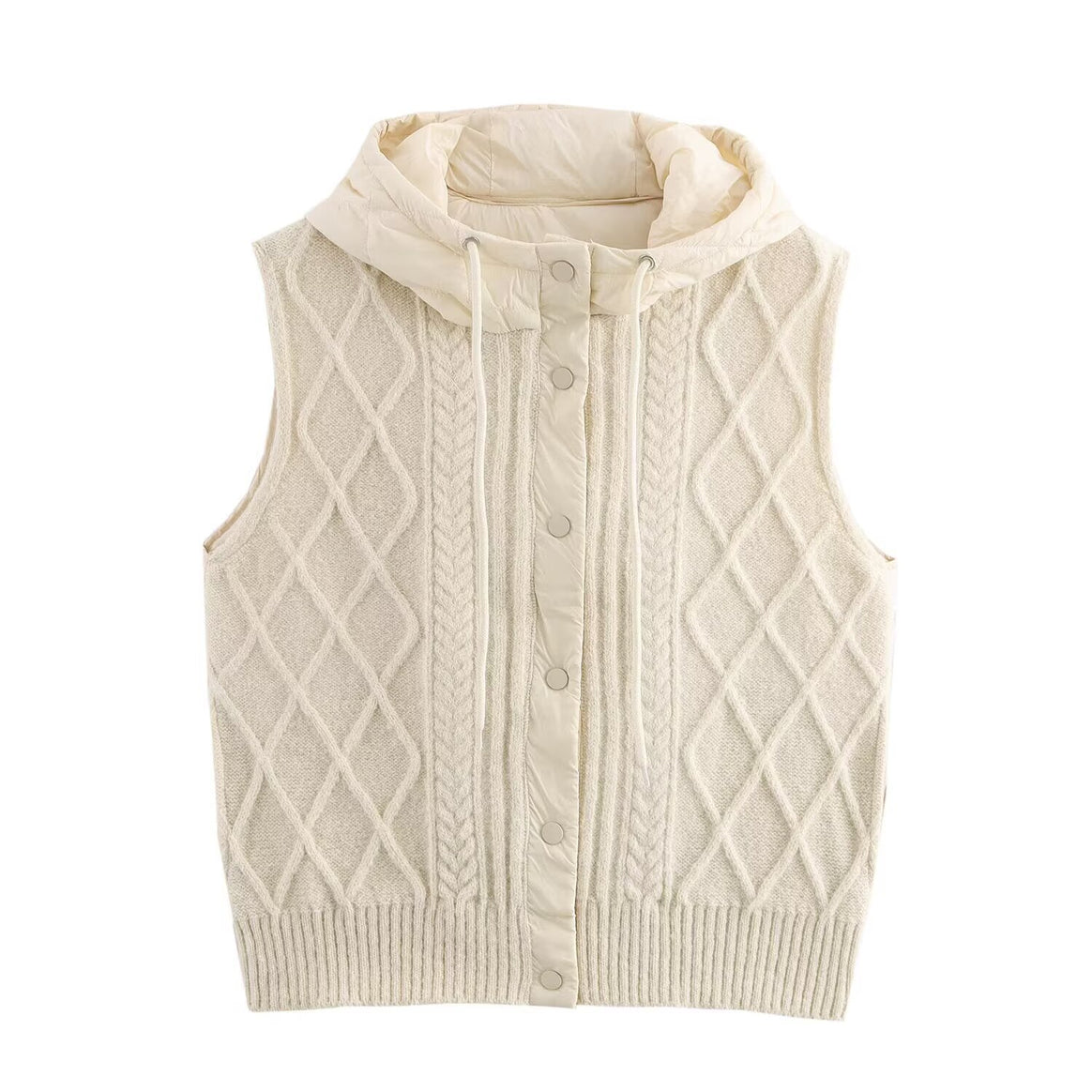 Women's sleeveless knitted vest with quilted hood and snap button placket Mune Fashion