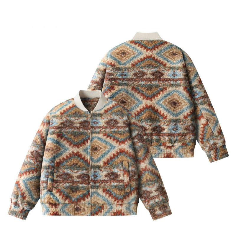 Unisex Boxy Fleece Bomber Jacket with Aztec Pattern and Zipper Mune Fashion