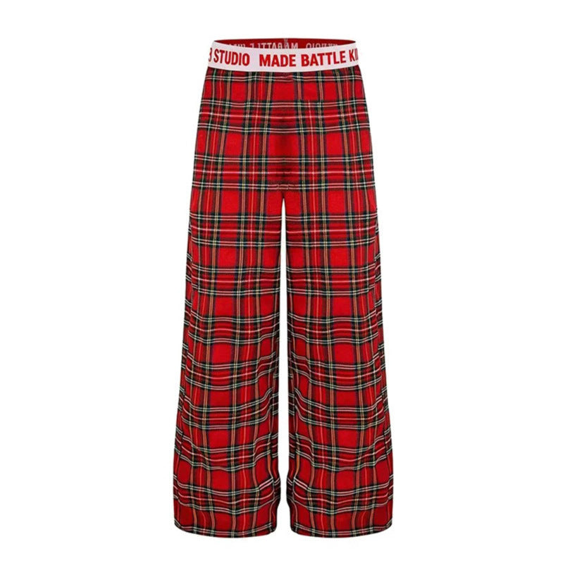 Ladies Wide Lounge Pants with Check Pattern and Elastic Logo Waistband Mune Fashion