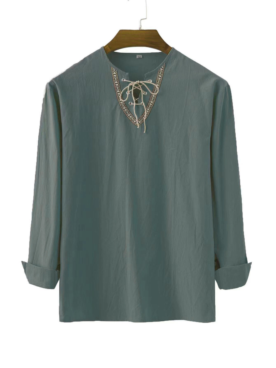 Men's linen tunic shirt with lacing and ethnic border Mune Fashion