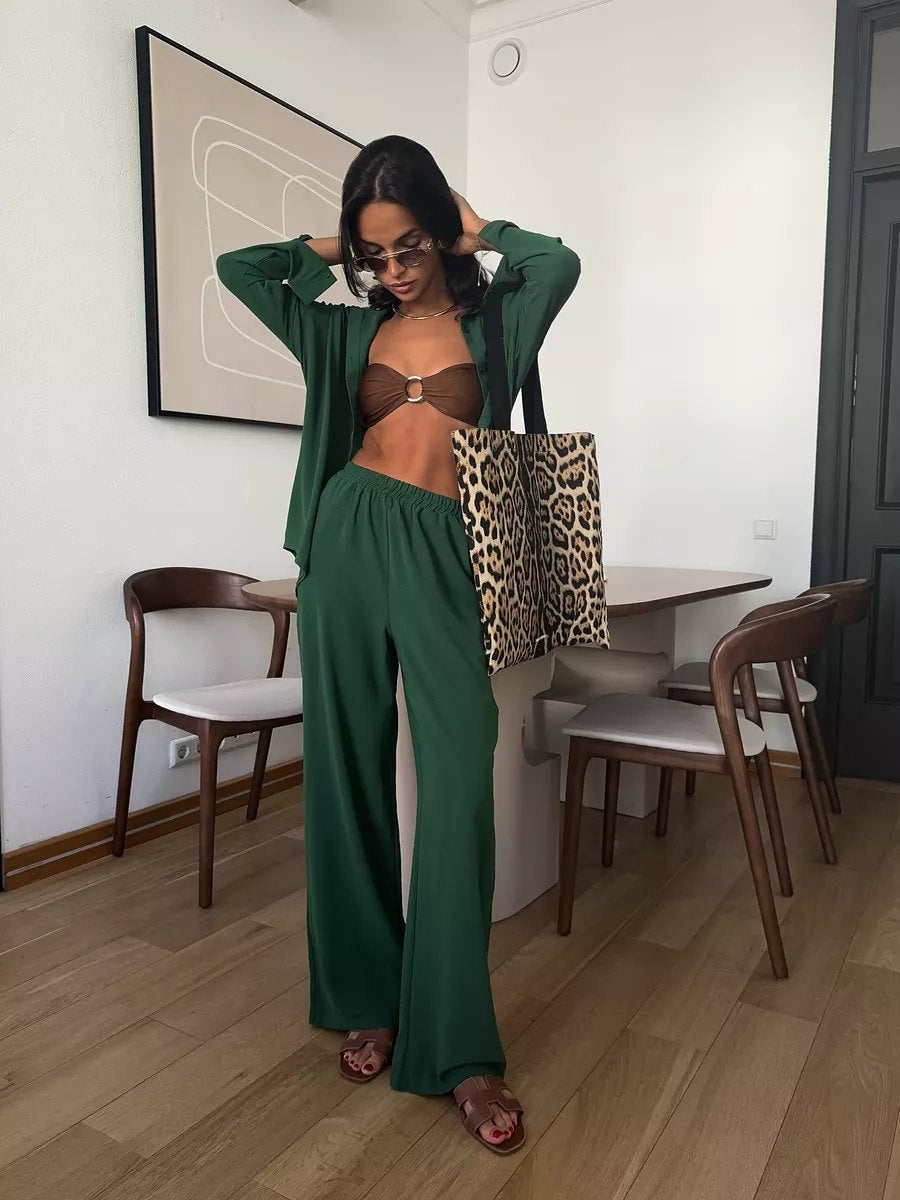 Women Two-Piece Lounge Set Oversize Blouse with Chest Pocket and Wide Palazzo Pants Mune Fashion