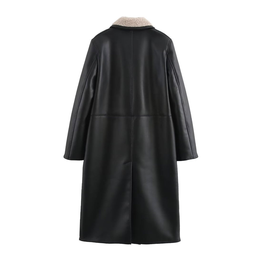 Women Faux Leather Coat with Teddy Lining and Double-Breasted Button Placket Mune Fashion