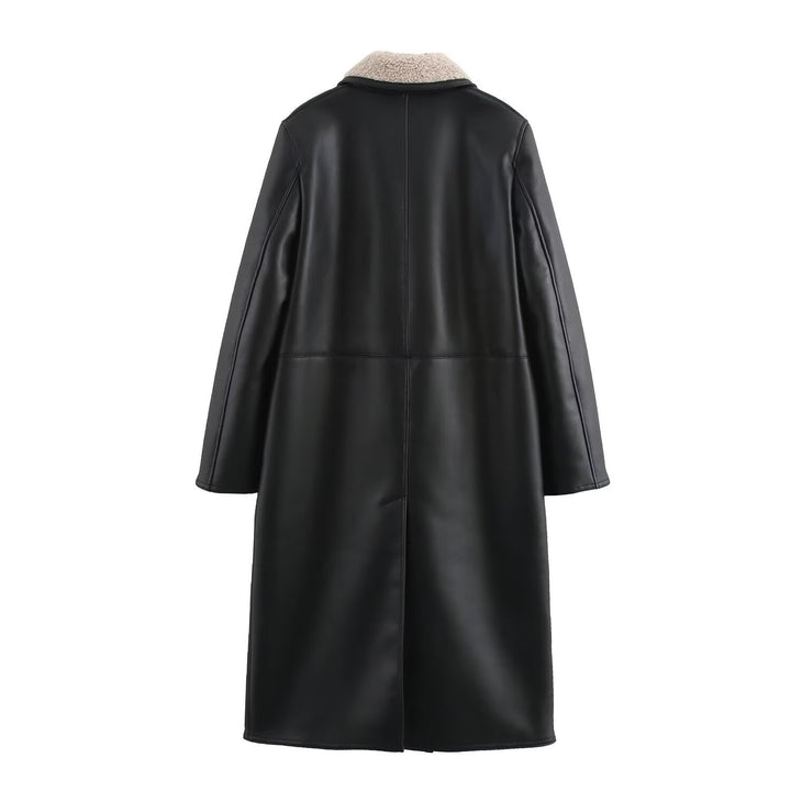 Women Faux Leather Coat with Teddy Lining and Double-Breasted Button Placket Mune Fashion