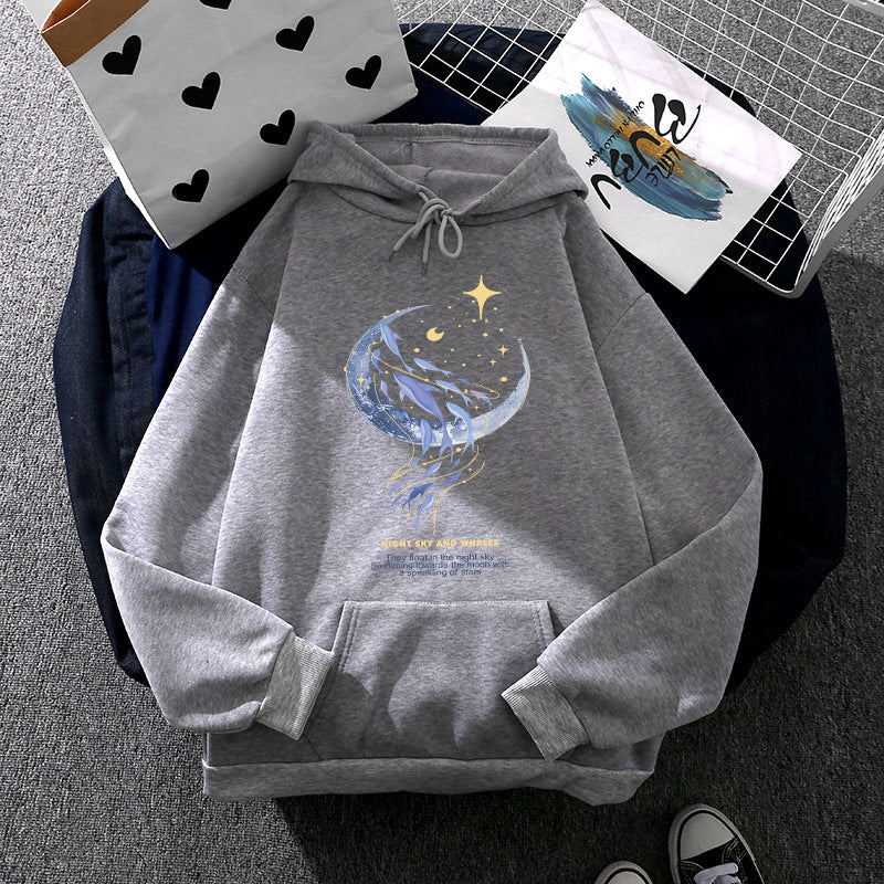 Women's hooded sweatshirt with moon and whale illustration, oversized cut and kangaroo pocket Mune Fashion