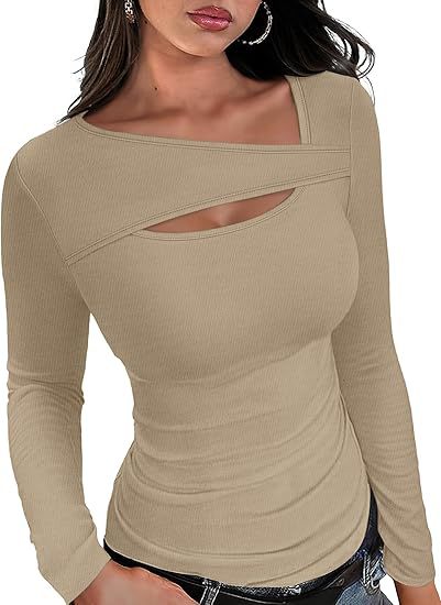 Women's Ribbed Long Sleeve Shirt with Asymmetrical Off-Shoulder Neckline and Chest Cut-Out Mune Fashion