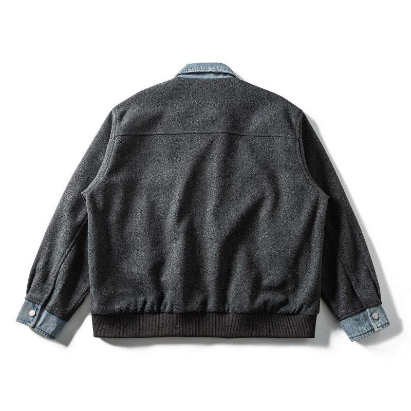 Men's short-cut wool blend bomber jacket with denim collar, concealed zipper, and flap pockets Mune Fashion