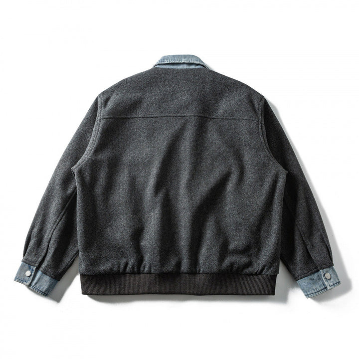 Men's short-cut wool blend bomber jacket with denim collar, concealed zipper, and flap pockets Mune Fashion