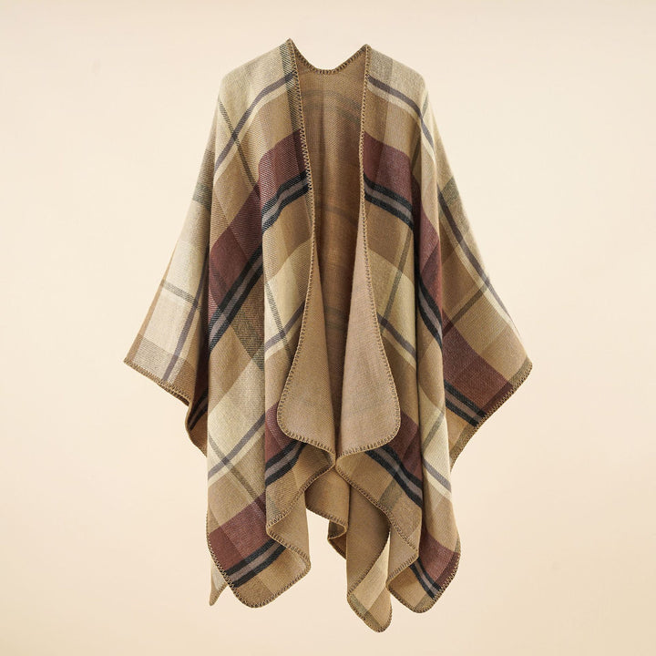Women's Oversize Rectangle Poncho in Cape Look with Overlock Hem and Check Pattern Mune Fashion