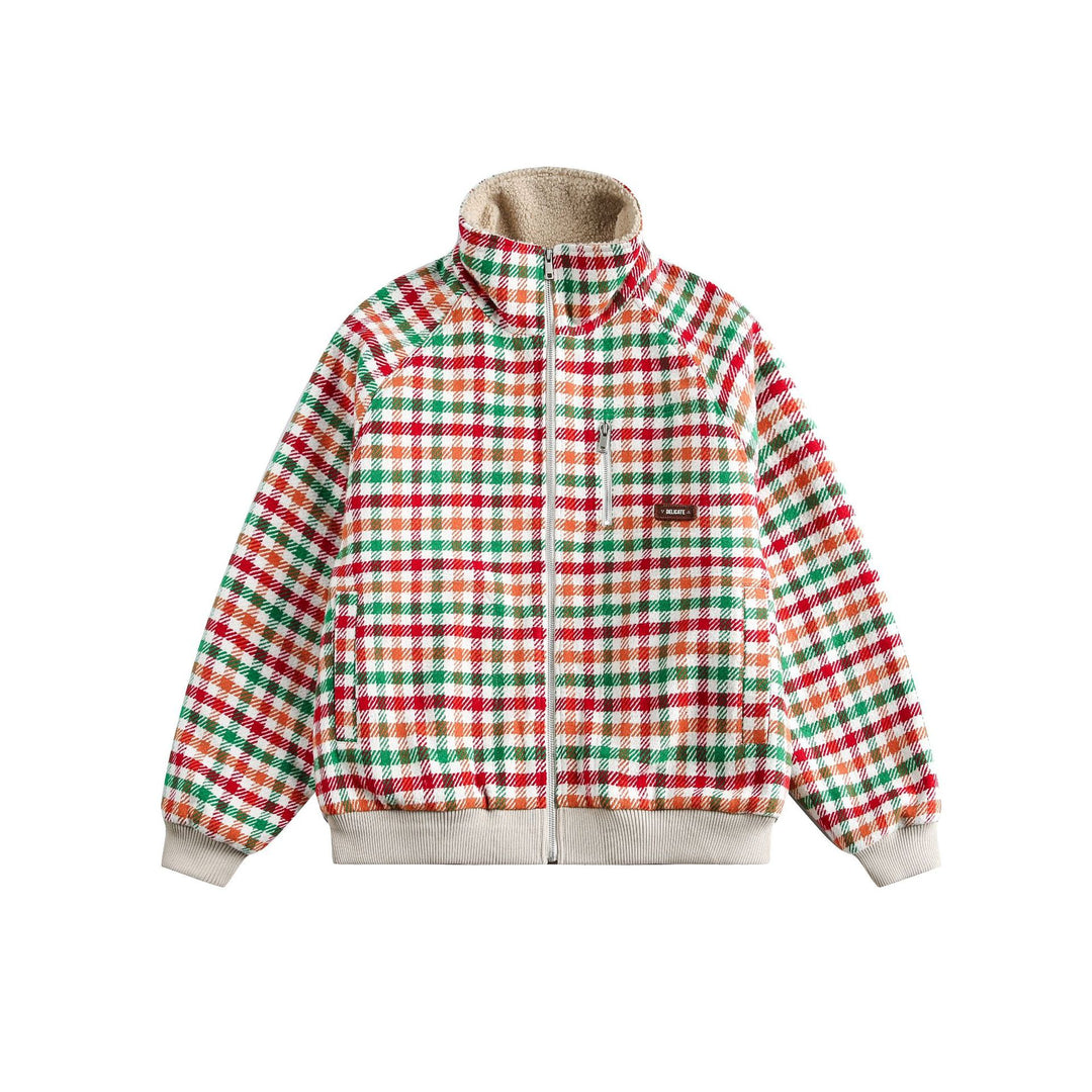 Women's Checkered Teddy Fleece Blouson in Boxy Cut with Stand Collar Mune Fashion