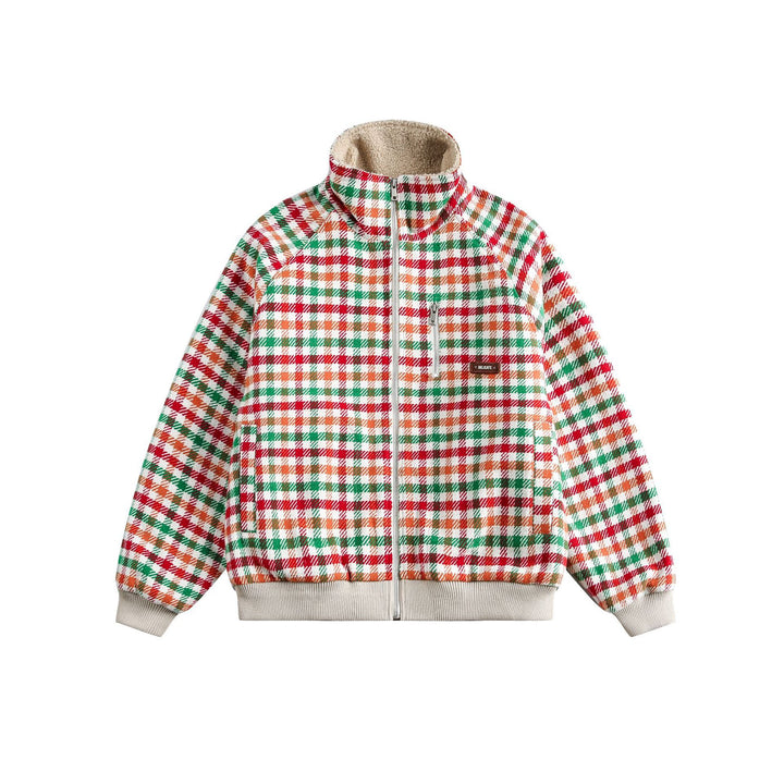 Women's Checkered Teddy Fleece Blouson in Boxy Cut with Stand Collar Mune Fashion