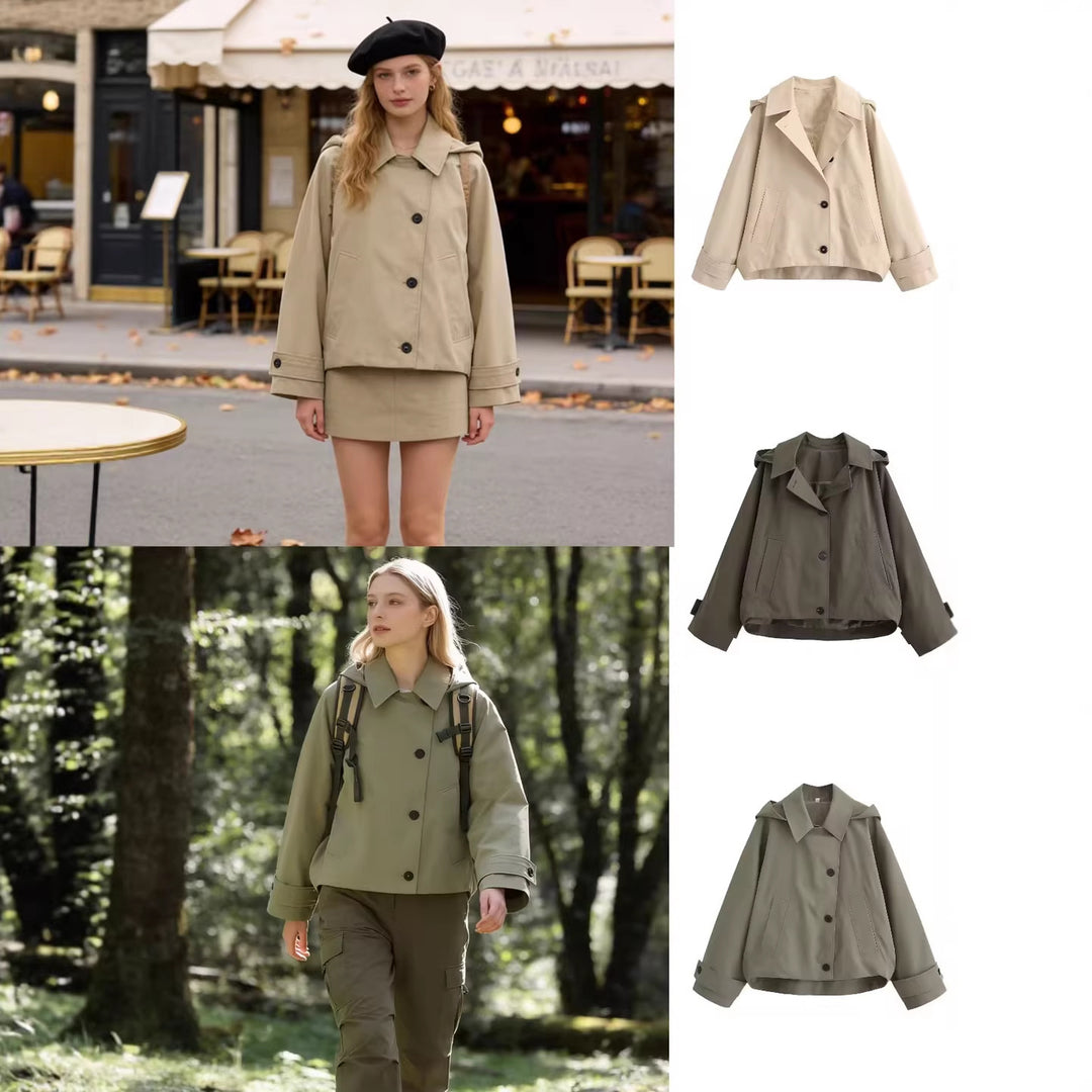 Ladies short trench coat in boxy cut with notch collar and piped patch pockets Mune Fashion
