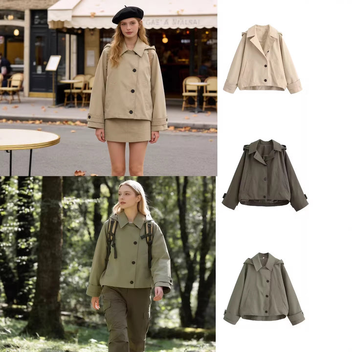 Ladies short trench coat in boxy cut with notch collar and piped patch pockets Mune Fashion