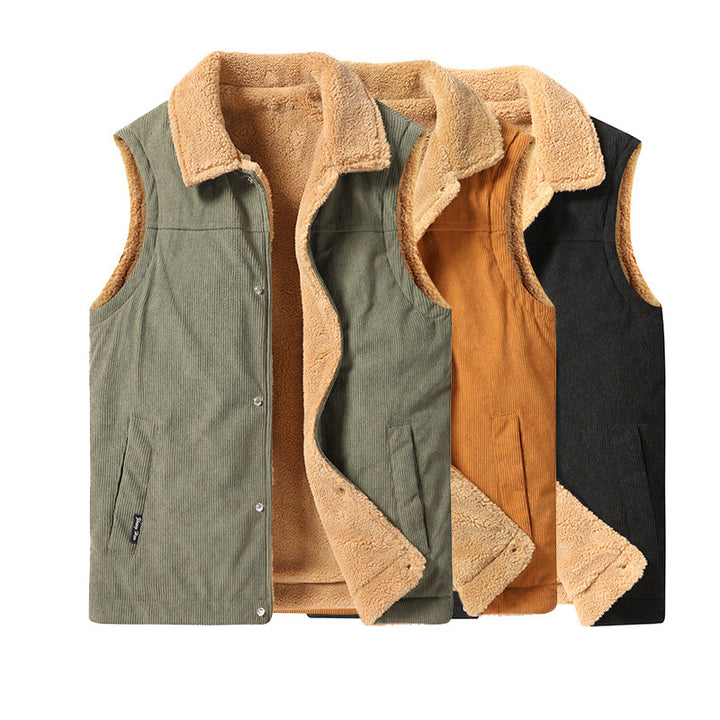 Men's Sleeveless Cord Utility Vest with Teddy Lining and Snap Button Front Mune Fashion