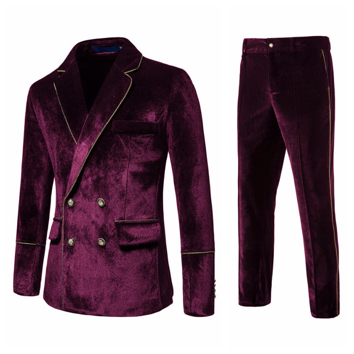 Men's double-breasted velvet suit set with gold piping and slim suit trousers Mune Fashion