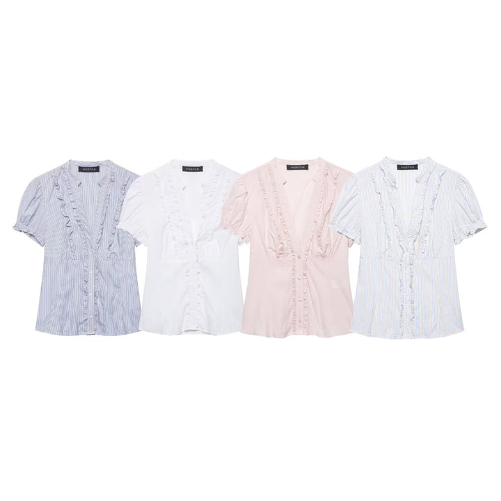 Women's ruffled blouse with V-neck, puff sleeves, and fitted cut Mune Fashion
