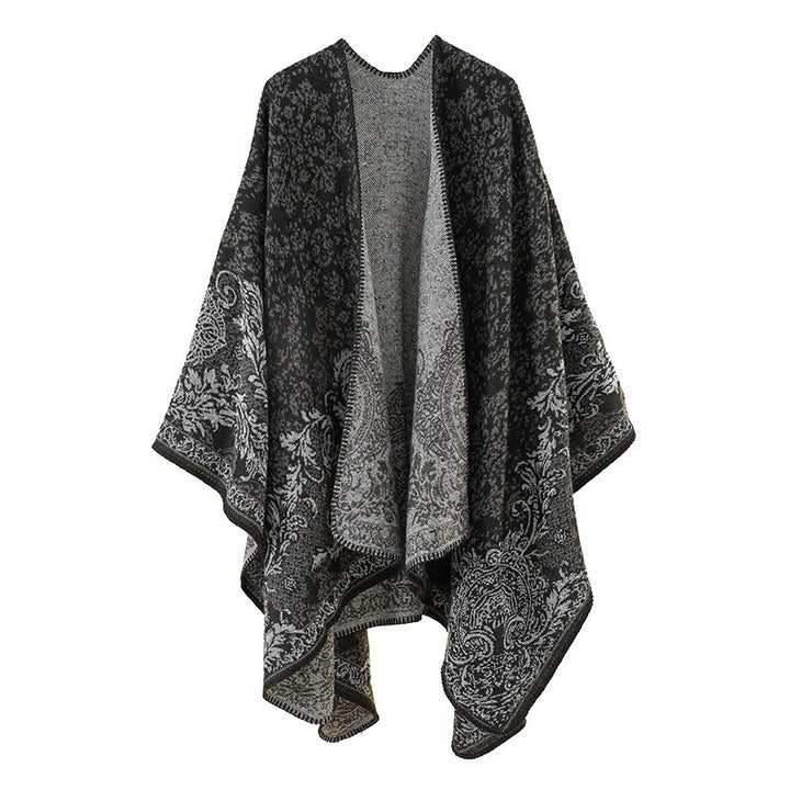 Women's Jacquard Ruana with floral border and open oversized cut Mune Fashion
