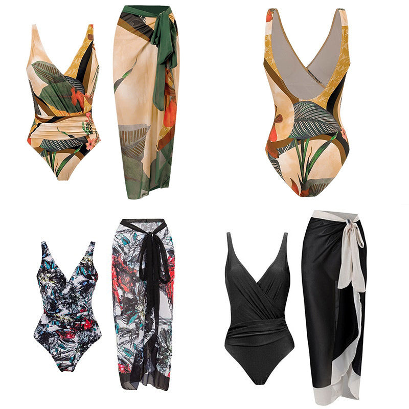Women's swim set with floral wrap skirt and one-piece Mune Fashion