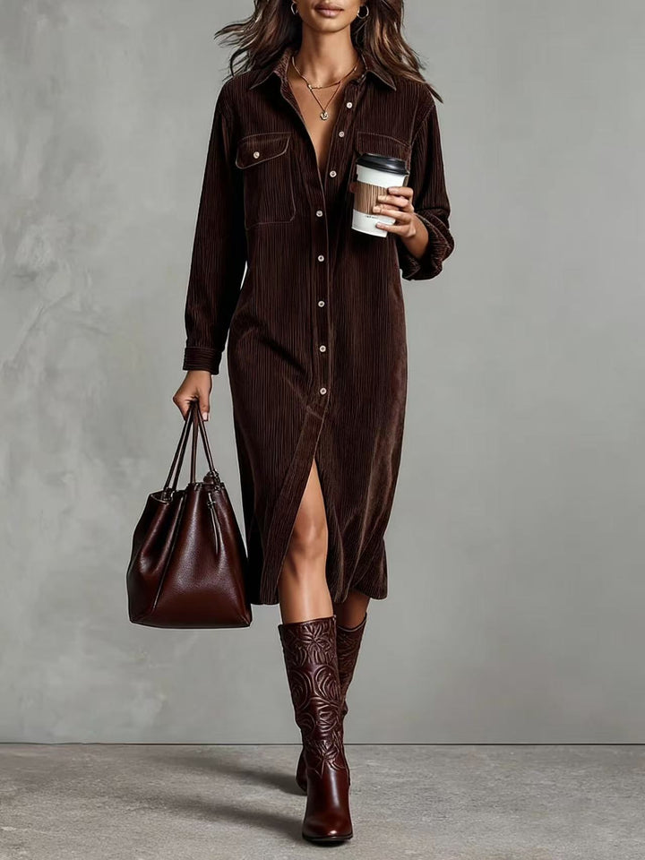 Women's shirt dress made of corduroy with breast pockets, button placket and slit Mune Fashion