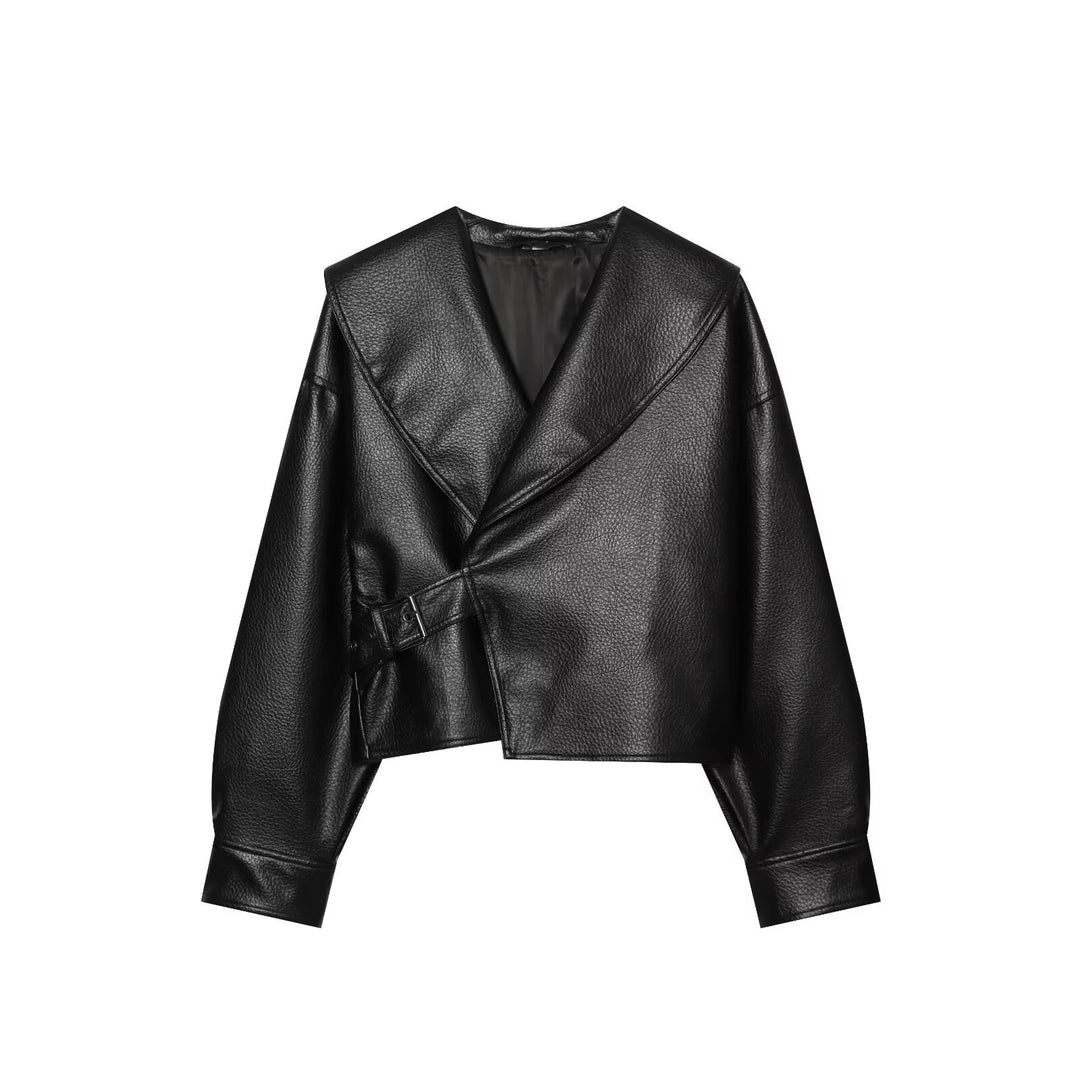 Women's Cropped Leather-Look Jacket with Oversized Shawl Collar and Tailoring Buckle Belt Mune Fashion
