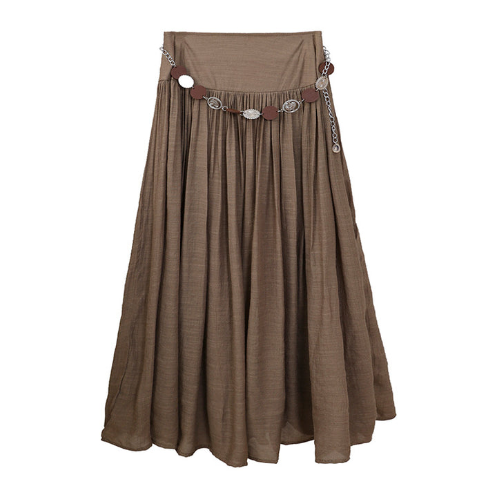 Women's maxi skirt with gathered waist, flowing flared shape and decorative coin belt Mune Fashion