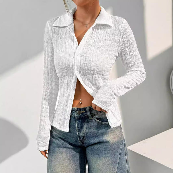 Women nan shirt blouse with ruched texture, shirt collar and tailored fit Mune Fashion