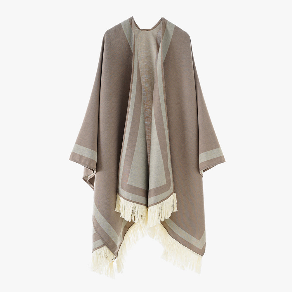 Women Rectangular Cape Poncho with Graphic Border Stripe, Fringes and Boxy Silhouette Mune Fashion