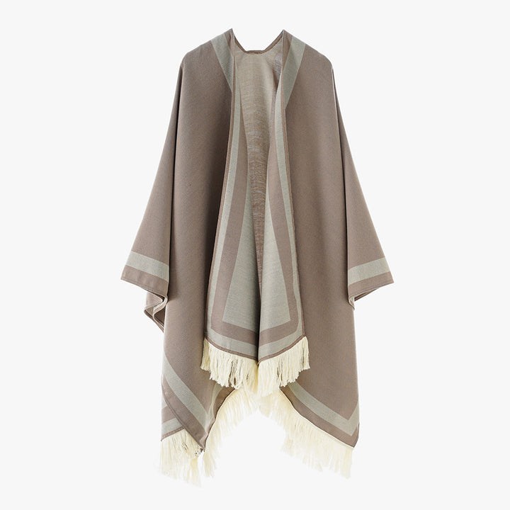Women's Quilted Oversized Cape Poncho in Kimono Cut with Contrast Trim and Fringe Hem Mune Fashion