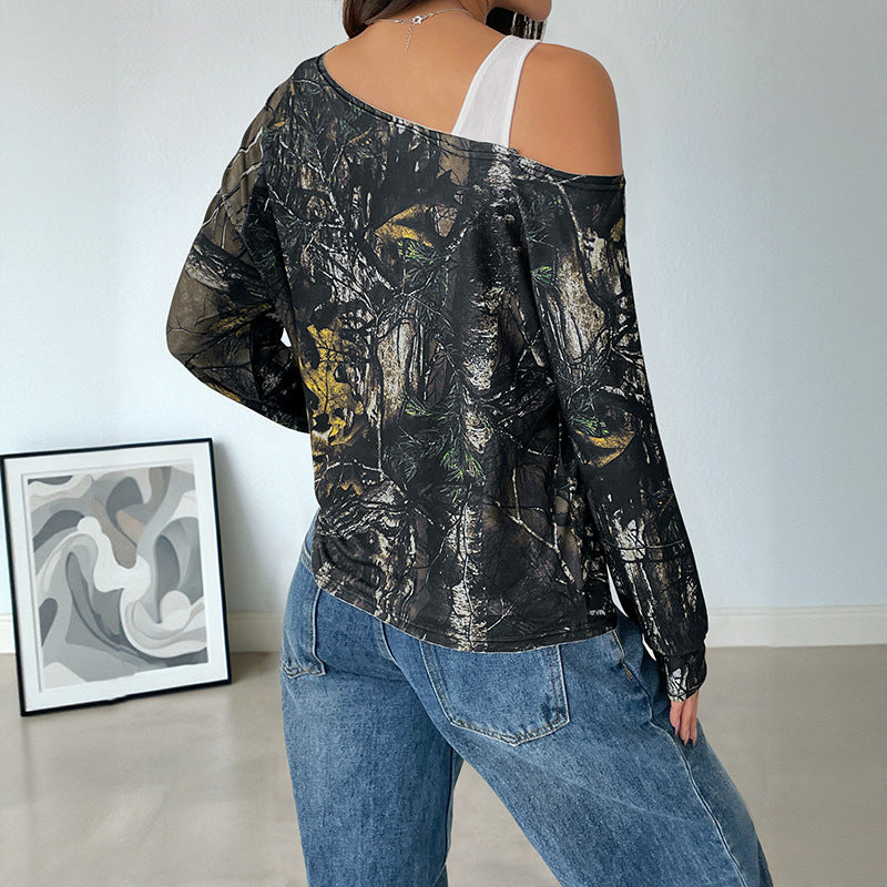 Women's Off-Shoulder Long Sleeve Shirt with Camouflage Forest Print Mune Fashion