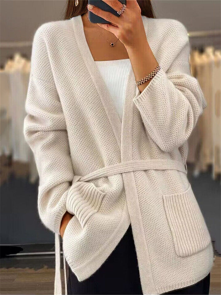 Ladies long cardigan with tie belt, patch rib pockets and loose waffle knit Mune Fashion