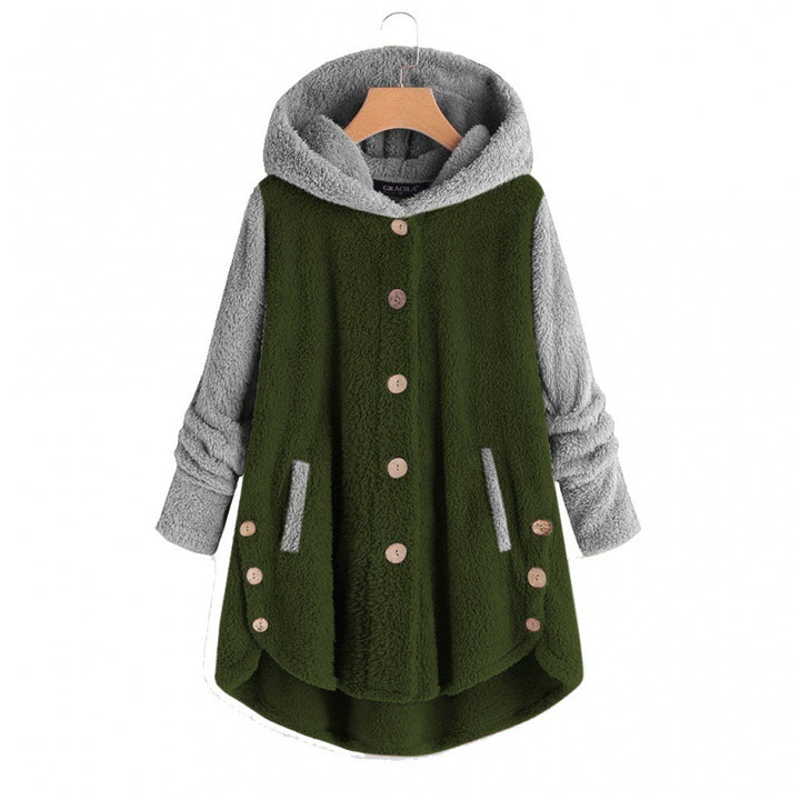 Women's Oversized Teddy Coat with Hood, Asymmetrical Zigzag Hem and Wooden Button Placket Mune Fashion
