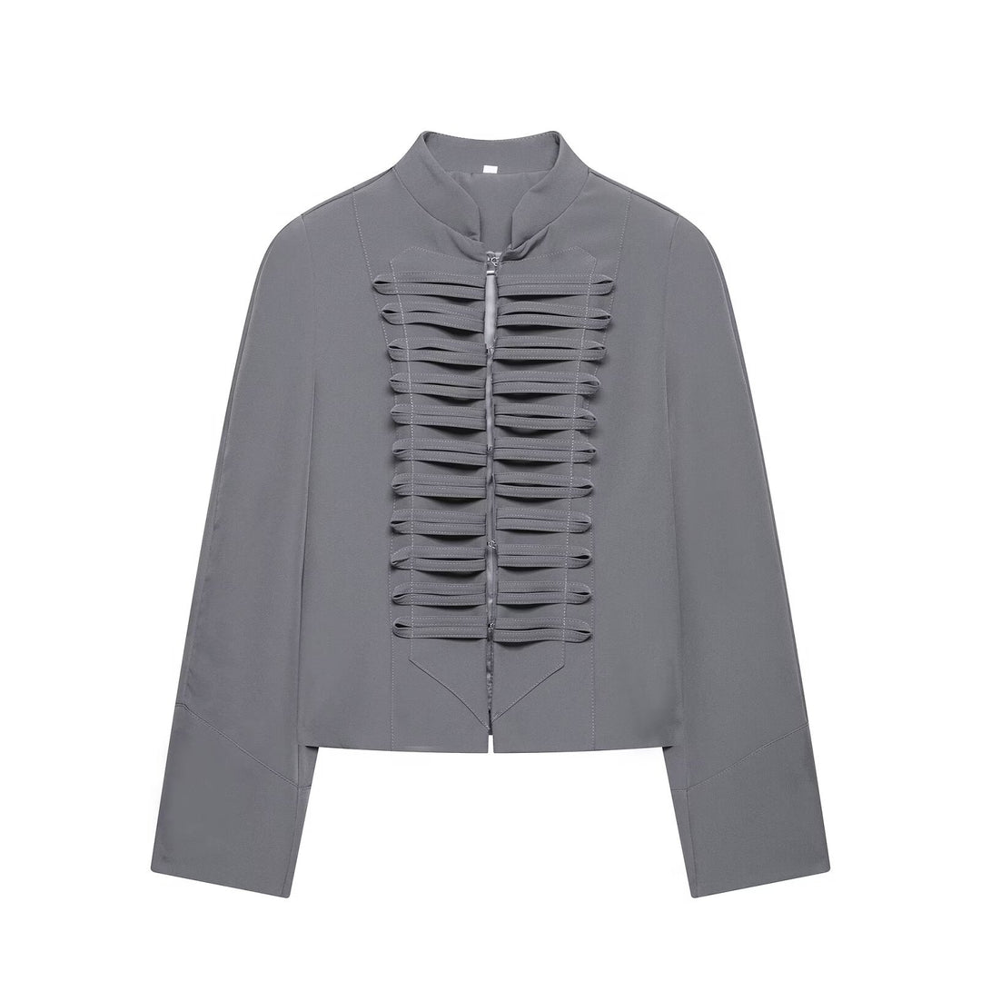 Women Short Blouse Jacket with Pleated Ruffle Yoke and Stand-up Collar Mune Fashion