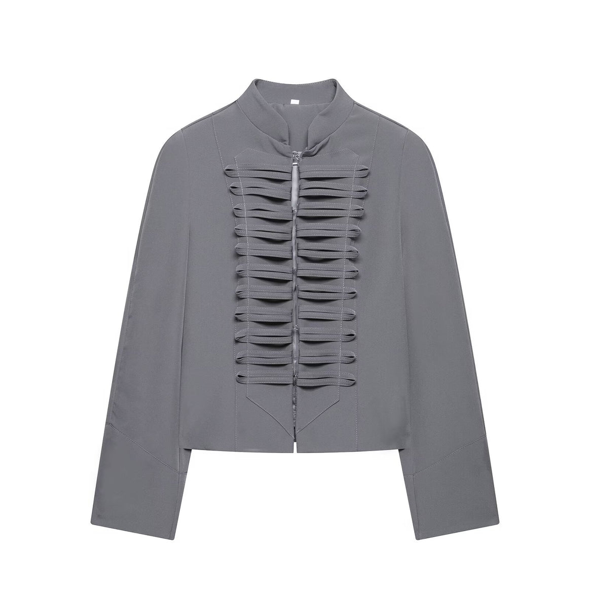 Women Short Blouse Jacket with Pleated Ruffle Yoke and Stand-up Collar Mune Fashion