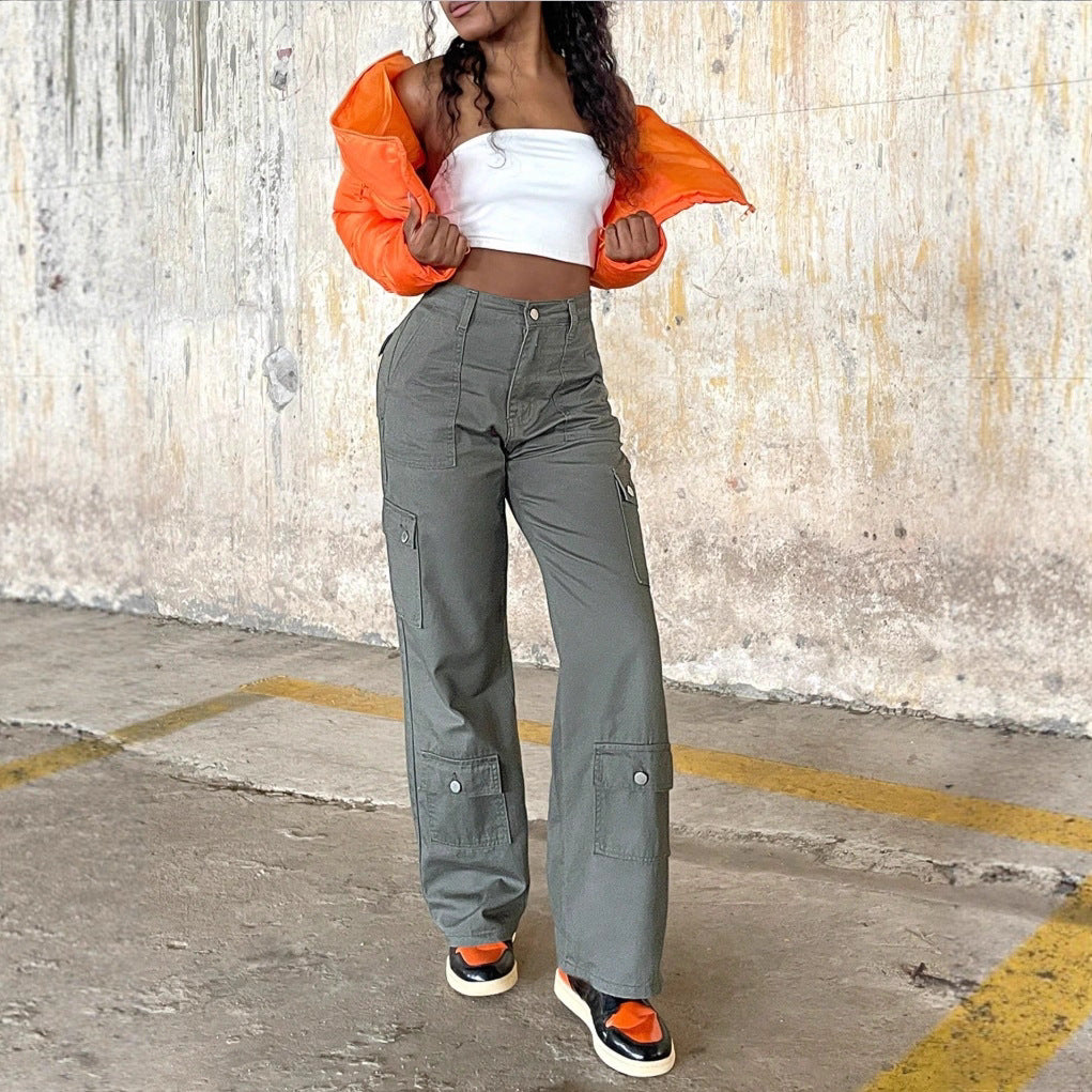 Ladies cargo pants with high waist, wide leg and flap pockets Mune Fashion