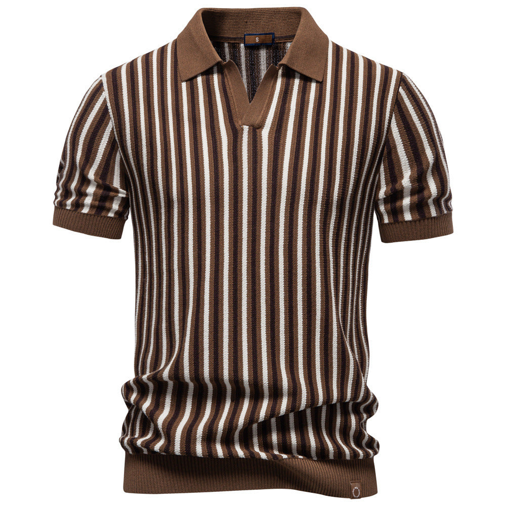 Men's striped knit polo shirt short sleeve made of fine cotton blend with polo collar and ribbed cuffs Mune Fashion
